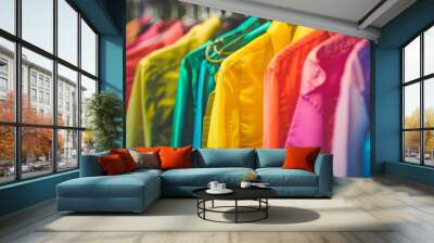 Fashion clothes on clothing rack  bright colorful closet Closeup of rainbow color choice of trendy female wear on hangers in store closet or spring cleaning concept Summer home wardrob : Generative AI Wall mural