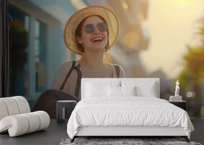 Feeling happy after a fun summer vacation Happy tourist woman smiling cheerfully while standing outdoors with her luggage Female traveller leaving a luxury hotel after her summer vacat : Generative AI Wall mural