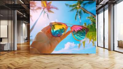 Female hand holding colorful sunglasses against palm tree and blue sunny sky summer vacation holidays concept first person shot looking though glasses filtered image : Generative AI Wall mural