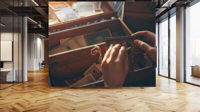 female hands are sorting dear to heart memorabilia in an old wooden box a stack of retro photos a wooden rosary vintage photographs of 1960 concept of family tree genealogy childhood m : Generative AI Wall mural