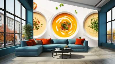 Flat-lay of creamy homemade soup in plates with bread slices over white plain table background, top view, copy space. Autumn Winter creamy vegan soups, vegetarian food menu, comfort fo : Generative AI Wall mural