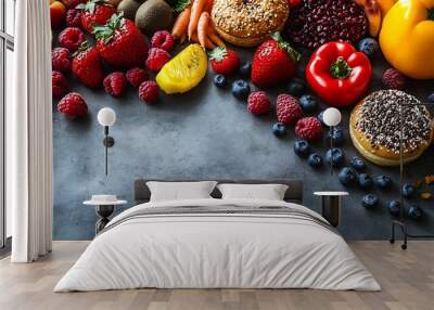 Flat lay of Healthy and unhealthy food from fruits and vegetables vs fast food sweets and pastry on gray concrete background Diet and detox against calorie and overweight lifestyle con : Generative AI Wall mural