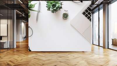 Flat lay top view office table desk frame feminine desk workspace with laptop diary succulent glasses watch on white background : Generative AI Wall mural