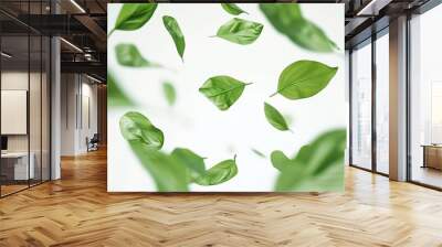 Flying green leaves on white background : Generative AI Wall mural