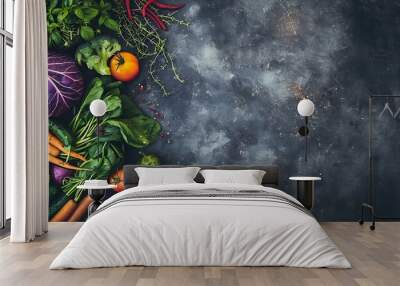 Food background border frame of colorful fresh produce raw vegetables corn carrot chilli cucumber purple cabbage spinach rosemary herb plenty of copyspace : Generative AI Wall mural