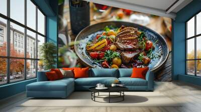 food restaurant plate table chef gourmet elegant wooden dark meal meat dinner lunch : Generative AI Wall mural