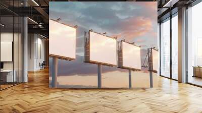 Four empty white square billboard mockups on the facade of a modern shopping mall or a business center as advertising banners placeholders with a beautiful sunset sky in a defocused ba : Generative AI Wall mural