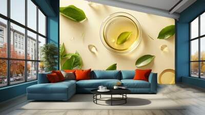 Fresh green tea leaves decorated with petri dish and beaker on beige background Blank space in the middle for display cosmetic or product with ingredient from green tea Minimal scene f : Generative AI Wall mural