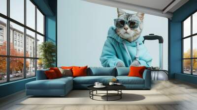 Funny cat in a blue sweatshirt and sunglasses sits with a suitcase on a white background : Generative AI Wall mural