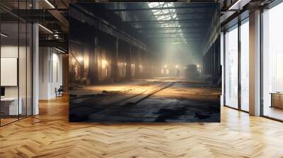 Generative AI : Abandoned old factory Hall scene with smoke and messy interior Wall mural