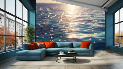 Generative AI : Background of the transparent sea water sparkles in the sunlight Shining fresh blue water ripple turquoise and golden color Wall mural