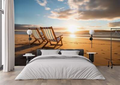 Generative AI Empty chairs on sandy beach at sunrise or sunset - relaxation concept Wall mural