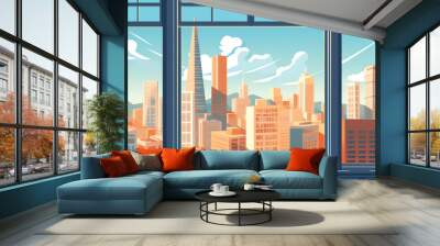 Generative AI Empty office with large panoramic windows and urban view seen through glass. Modern open space premises, studio apartment, corridor or hall. Real estate rental in big city. Cartoon vecto Wall mural