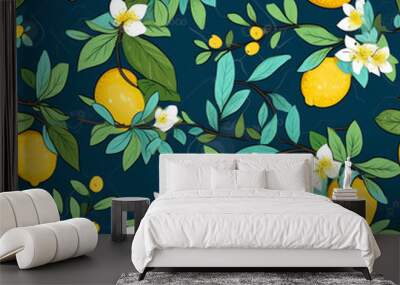 Generative AI Lemon floral pattern. Hand drawn tree branch with ripe lemons and leaves and flowers on teal background. Vector illustration Wall mural