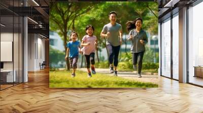 Generative AI : Young attractive happy asian family playing by running together in outside nature park in home school learning or montessori concept with white and blue casual wearing Asian lifestyle  Wall mural