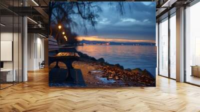 Germany BadenWurttemberg Radolfzell Empty park bench on shore of Lake Constance at dusk : Generative AI Wall mural