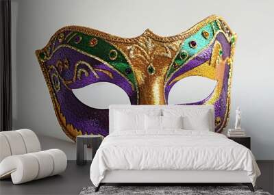 Gold purple and green glittery Mardi gras mask isolated on white background : Generative AI Wall mural