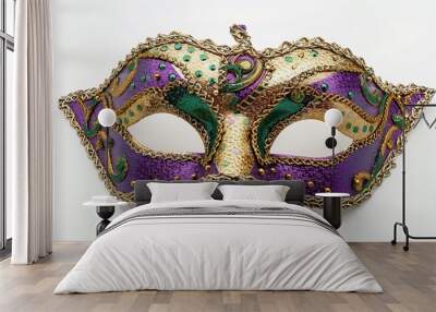 Gold purple and green glittery Mardi gras mask isolated on white background : Generative AI Wall mural