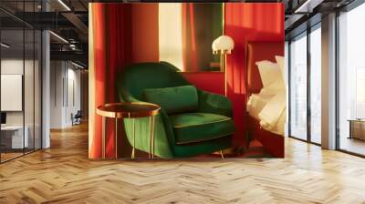 Gold table between green armchair and bed in sophisticated red bedroom interior with mirror : Generative AI Wall mural