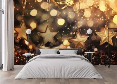 Golden Christmas and New Year glittering stars swirl on black bokeh background. backdrop with sparkling golden stars, holiday garland, magic glowing dust, lights. Gold Abstract Glitter : Generative AI Wall mural