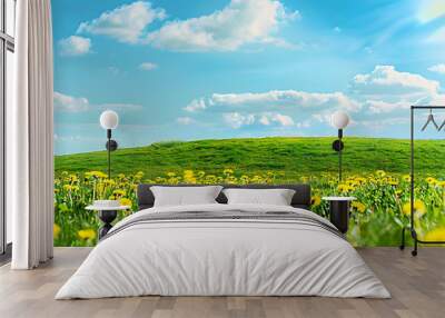 Green field with yellow dandelions and blue sky Panoramic view to grass and flowers on the hill on sunny spring day : Generative AI Wall mural