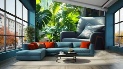 Grey armchair indoor plants monstera palm trees Urban jungle apartment Biophilia design Cozy tropical home garden Home gardening Gardening hobby concept Eco friendly decor of living ro : Generative AI Wall mural