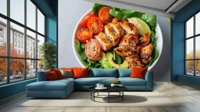 Grilled chicken meat and fresh vegetable salad of tomato avocado lettuce and spinach Healthy and detox food concept Ketogenic diet Buddha bowl dish on white background top view Banner : Generative AI Wall mural