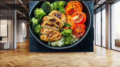 Grilled chicken with riceberry and broccoli boiled carrots sliced red tomatoes : Generative AI Wall mural