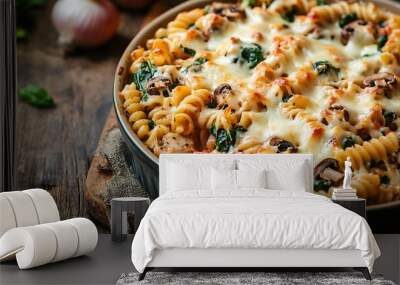 Ground Chicken Pasta Bake with onion mushrooms spinach tomato sauce and mozzarella cheese in baking dish on dark wood table : Generative AI Wall mural