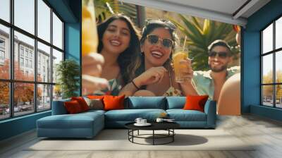 Group friends having fun drinking cocktails sitting in villa backyard Happy young hispanic woman smiling at the camera at garden party with friends Summer lifestyle and food concept : Generative AI Wall mural