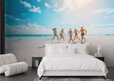 Group of friends running having fun on the white sand beach amid the blue sky Concept of Summer sea and beach : Generative AI Wall mural