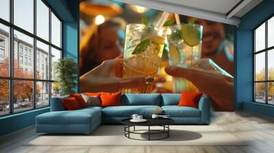 Group of happy people enjoying cocktail party sitting at bar restaurant  Happy friends toasting gin tonic and mojitos together  Food and beverage life style concept : Generative AI Wall mural