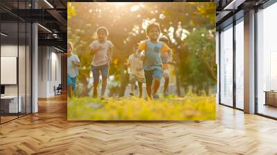 Group of happy playful Indian children running outdoors in spring park Asian kids Playing in garden Summer holidays : Generative AI Wall mural