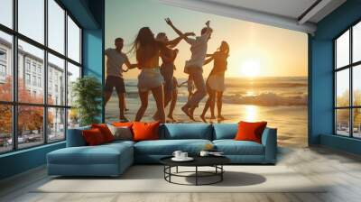 group of happy young people dancing at the beach on beautiful summer sunset : Generative AI Wall mural