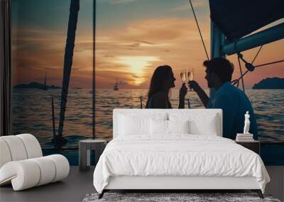 Group of Man and woman friends enjoy and fun luxury outdoor lifestyle celebration party drinking champagne together while travel on catamaran boat yacht sailing in the sea at sunset on : Generative AI Wall mural