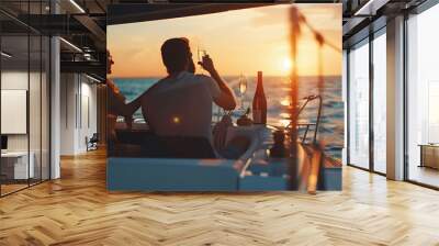 Group of Man and woman friends enjoy and fun luxury outdoor lifestyle celebration party drinking champagne together while travel on catamaran boat yacht sailing in the sea at sunset on : Generative AI Wall mural