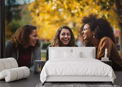 Group of multiracial best friends laughing together outdoor - Mixed race students having fun at college campus - Friendship, tourism, community, youth and university concept. : Generative AI Wall mural