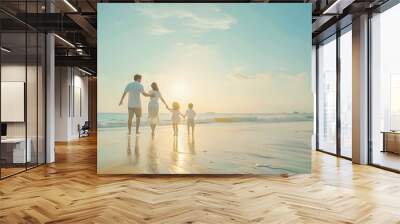 Happy asian family enjoy the sea beach father mother and daughter having fun playing beach in summer vacation on the ocean beach Happy family with vacation time lifestyle concept : Generative AI Wall mural