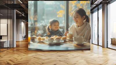 Happy family communicating while eating breakfast at dining table in hotel restaurant Focus is on woman : Generative AI Wall mural