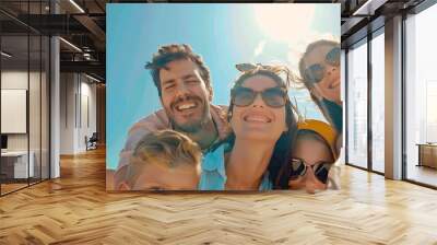 Happy family on summer vacation Low angle view portrait of happy people against blue sky background : Generative AI Wall mural