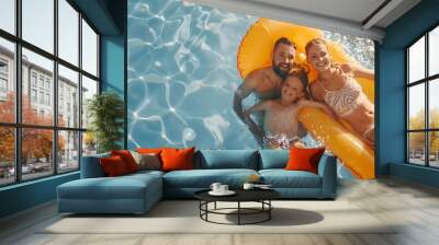 Happy family swimming on yellow mattress in outdoor pool People having fun on summer vacation Healthy lifestyle concept : Generative AI Wall mural