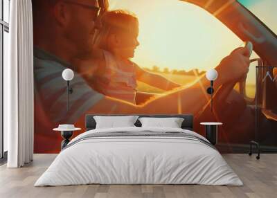 Happy Family with car travel road trip summer vacation in car in the sunset Dad mom and daughter happy traveling enjoy together driving in holidays people lifestyle ride by automobile : Generative AI Wall mural