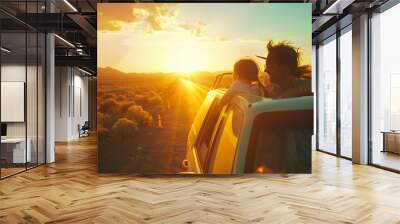 Happy Family with car travel road trip summer vacation in car in the sunset Dad mom and daughter happy traveling enjoy together driving in holidays people lifestyle ride by automobile : Generative AI Wall mural