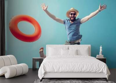 Happy funny energetic excited man office worker in a sun hat sunglasses and beach ring jumping and having fun in the office Summer holiday vacation work leave annual leave concept : Generative AI Wall mural