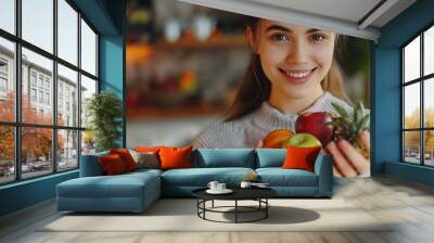 Happy health and portrait of woman with fruit for fresh organic or nutrition snack for diet Smile wellness and young female person with produce ingredients or groceries at modern apart : Generative AI Wall mural