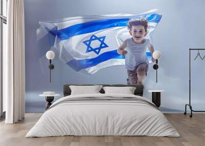 Happy Israeli Jewish little cute boy running with Israel national flag Independence Day Patriotism High quality photo : Generative AI Wall mural