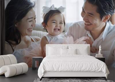 Happy parents and girl playing on sofa for fun with support care and love in living room Home smile and family together with kid with tutu skirt on couch for bonding growth or child de : Generative AI Wall mural