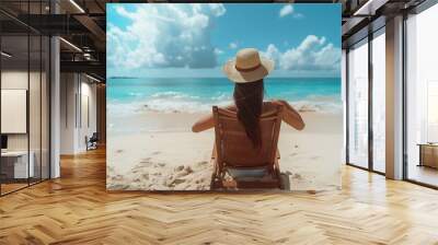 Happy picnic and woman on chair at beach to relax on holiday or vacation in summer Luxury travel and back of girl with leisure on Cancun island sand and tropical adventure to ocean or  : Generative AI Wall mural