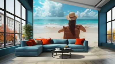 Happy picnic and woman on chair at beach to relax on holiday or vacation in summer Luxury travel and back of girl with leisure on Cancun island sand and tropical adventure to ocean or  : Generative AI Wall mural