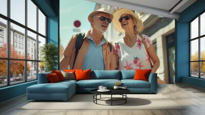 Happy senior couple having fun walking on city street  Two older tourists enjoying together weekend summer vacation  Life style tourism and romance moments concept : Generative AI Wall mural